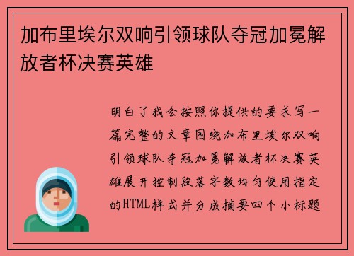 加布里埃尔双响引领球队夺冠加冕解放者杯决赛英雄