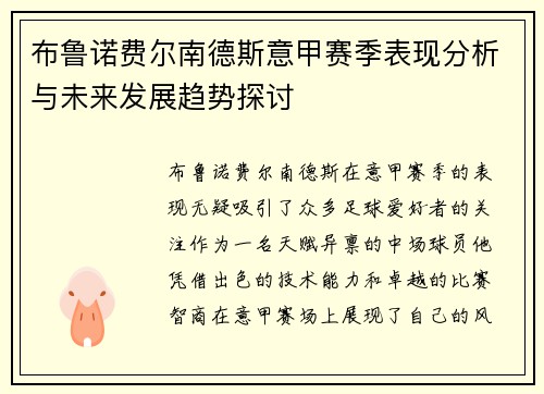 布鲁诺费尔南德斯意甲赛季表现分析与未来发展趋势探讨